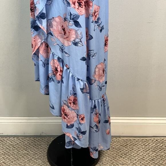 Miami Skirt size Small Blue Pink Roses Floral Ruffles Long High Low Wedding - Picture 8 of 11